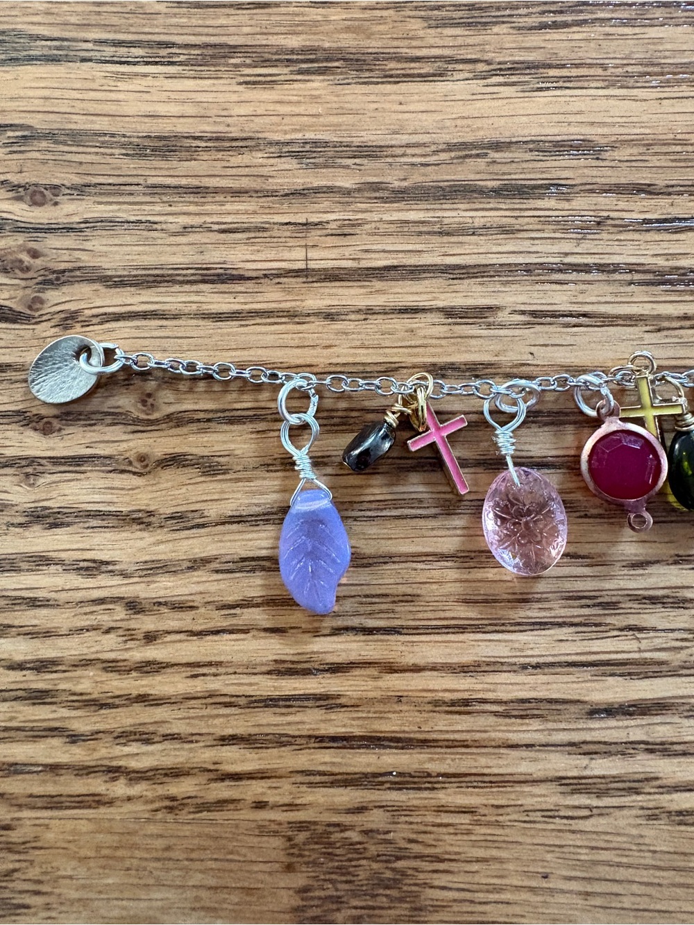 Hand Crafted Multi-Color Glass Charm Bracelet with Cross and Leaf Charms - Picture 6 of 9